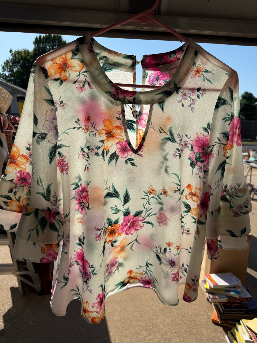 URBAN Romantics Cream Floral Keyhole Blouse with Pink & Orange Flowers